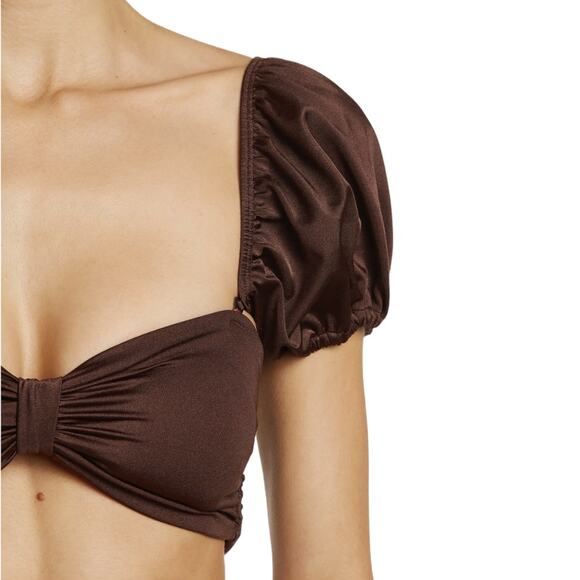 Maaji Bouquet Ebony Brown Reversible Puff Sleeve Crop Bikini Top - Picture 3 of 13